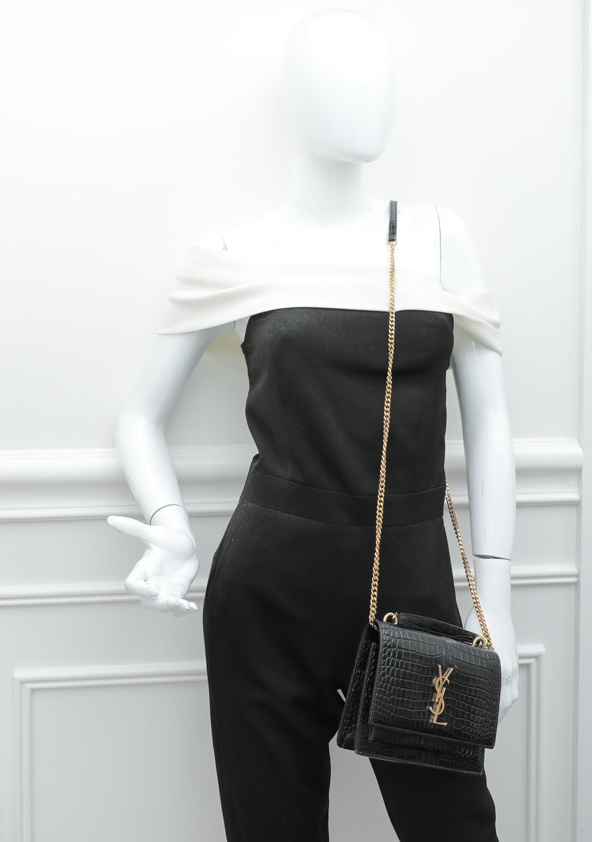 YSL Black Croco Embossed Sunset Chain Wallet