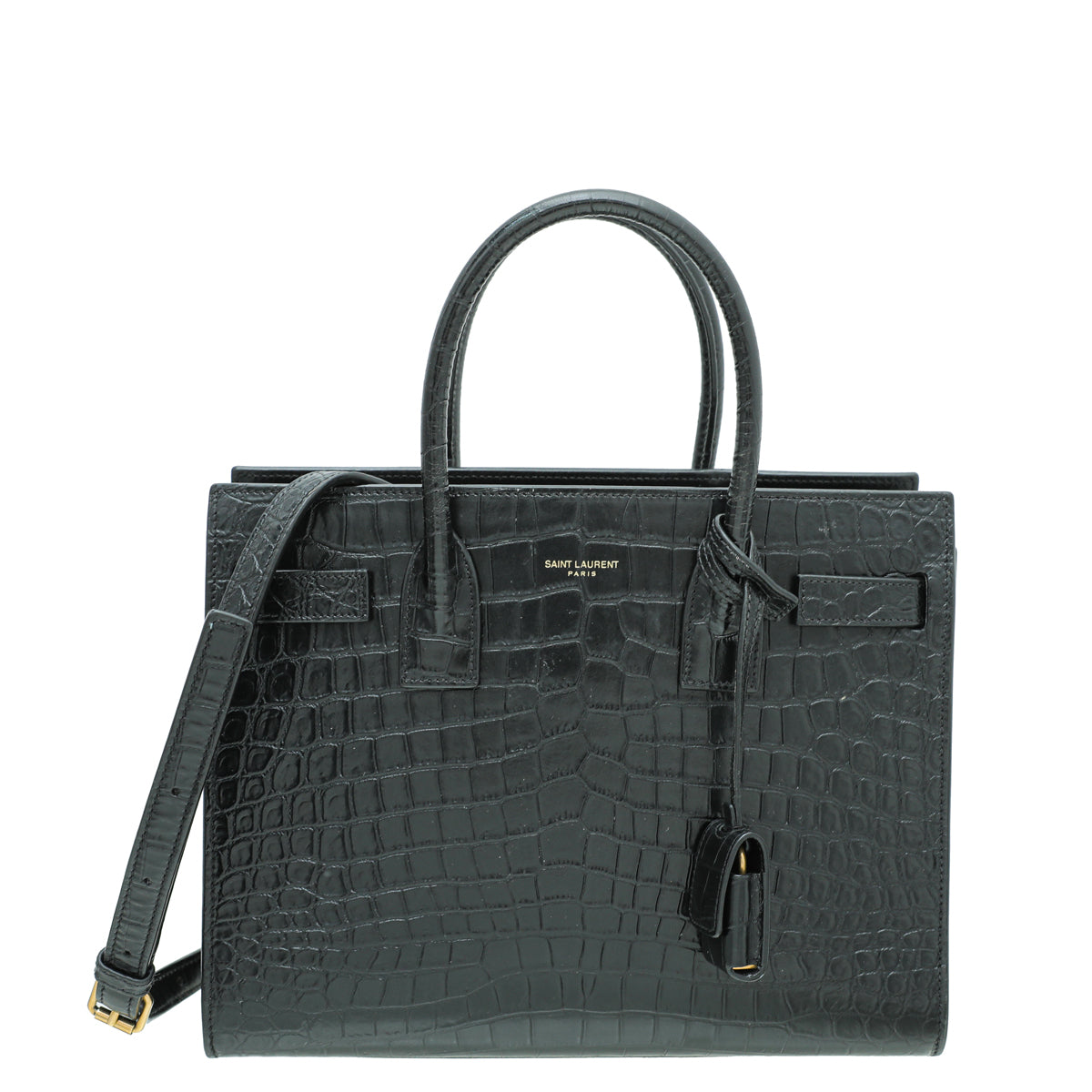 YSL Black Baby Croc Embossed Sac De Jour Bag