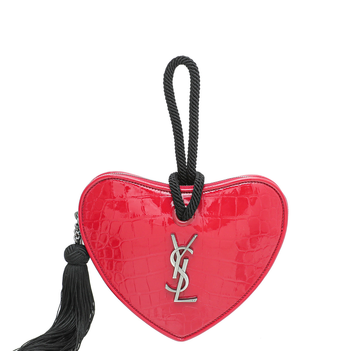 YSL Red Crocodile Embossed Heart Tassel Clutch