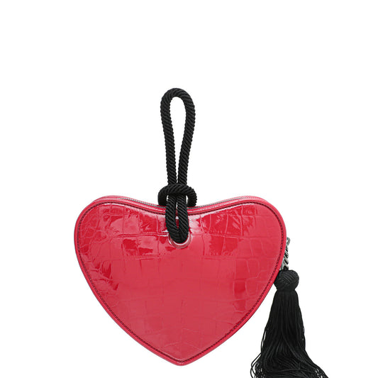 YSL Red Crocodile Embossed Heart Tassel Clutch