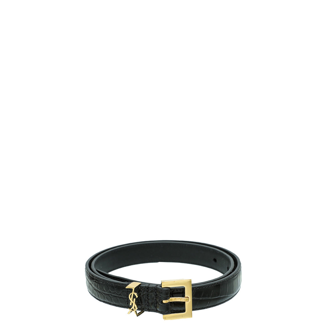 YSL Black Croco Embossed Cassandre 20mm Belt