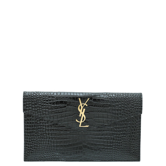 YSL Black Shiny Croc Embossed Uptown Clutch