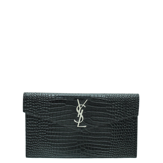 YSL Black Shiny Croc Embossed Uptown Clutch