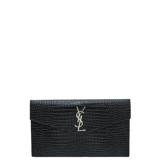 YSL Black Croc Embossed Uptown Clutch