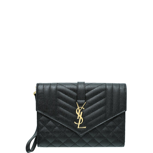 YSL Black Mix Quilt Envelope Flap Wristlet Pouch