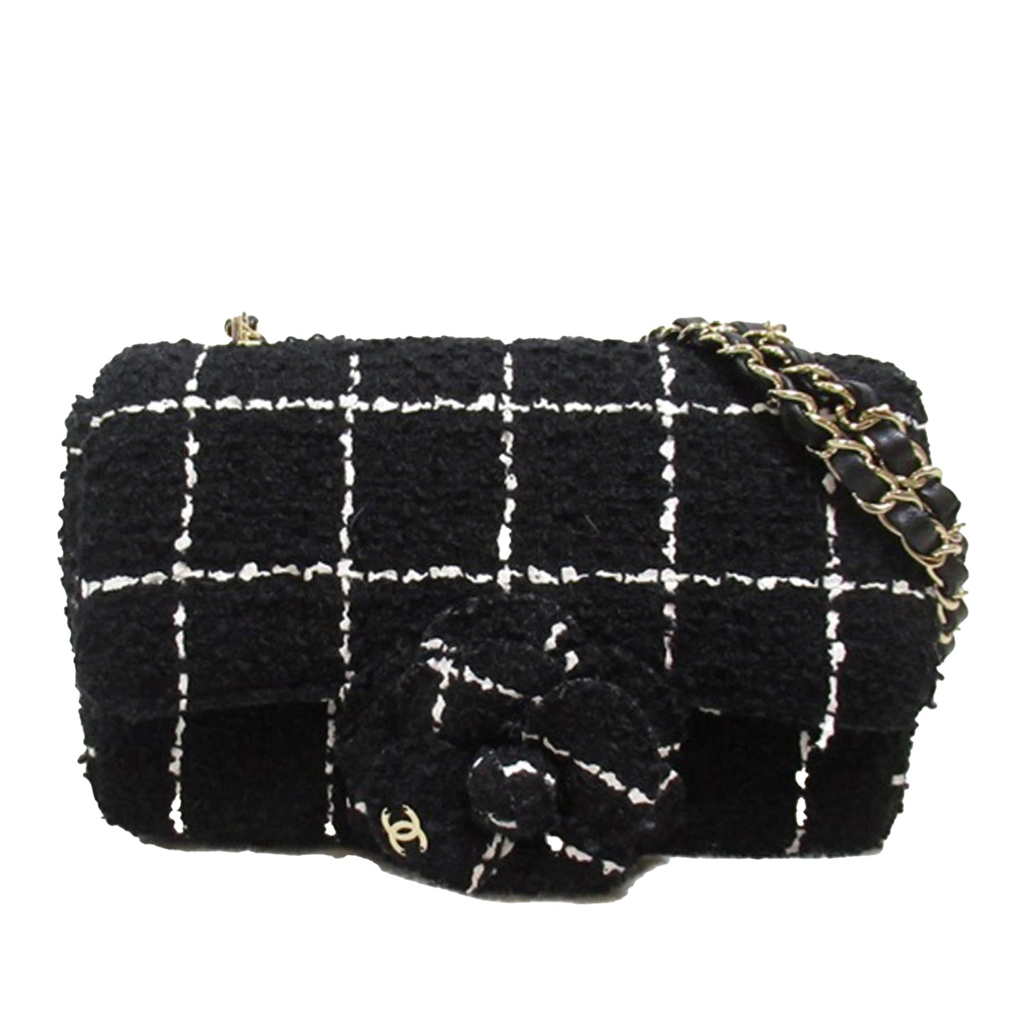 Chanel Camelia Flap Bag Mini Black Tweed Gold