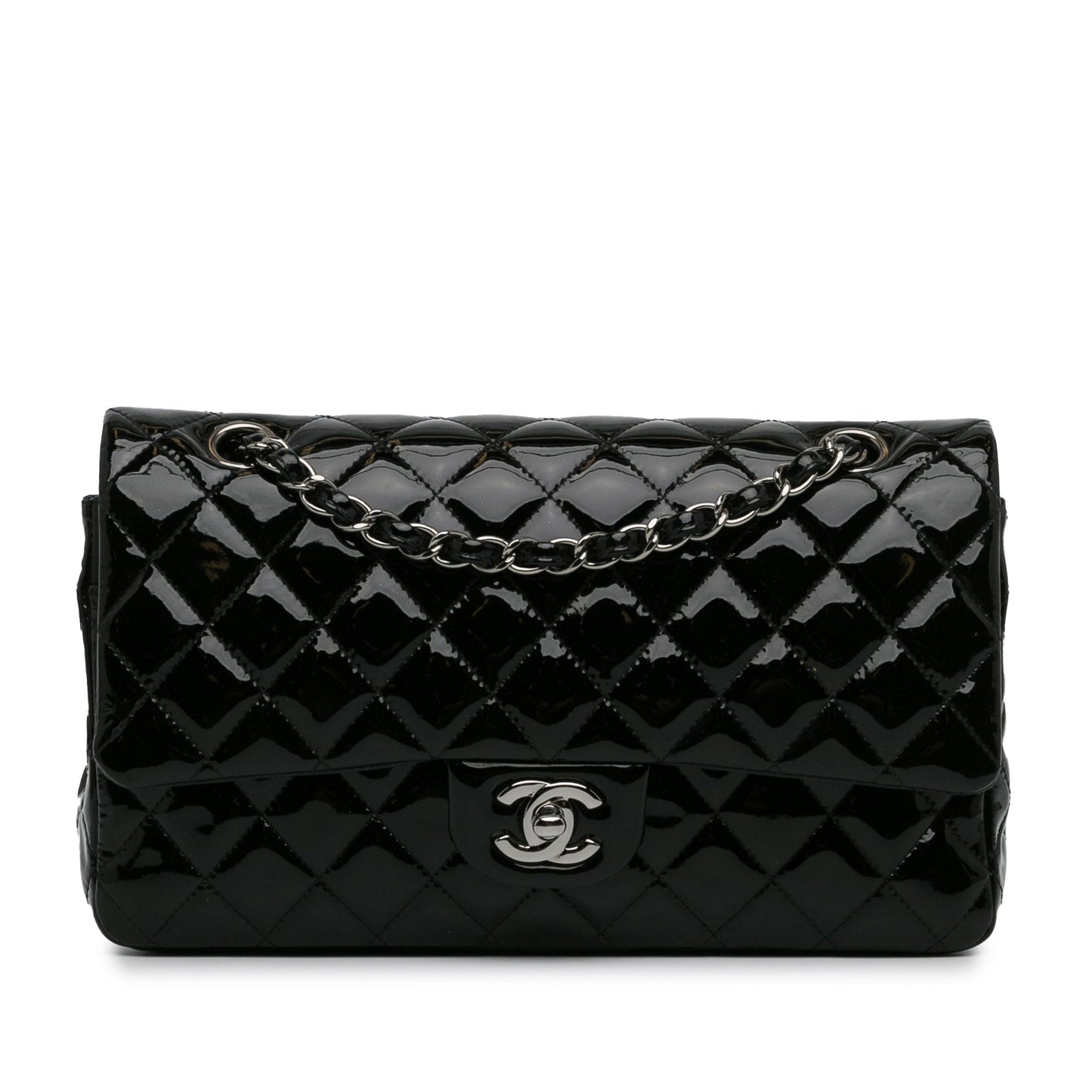 Chanel Classic Double Flap Medium Black Patent Leather Silver