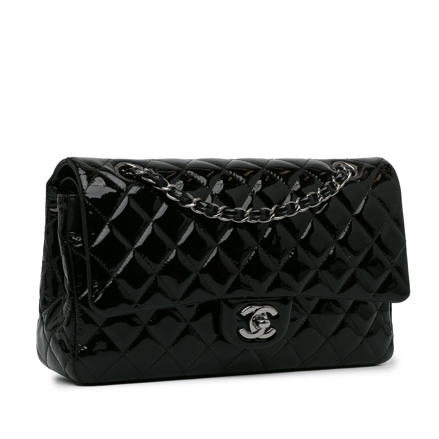 Chanel Classic Double Flap Medium Black Patent Leather Silver