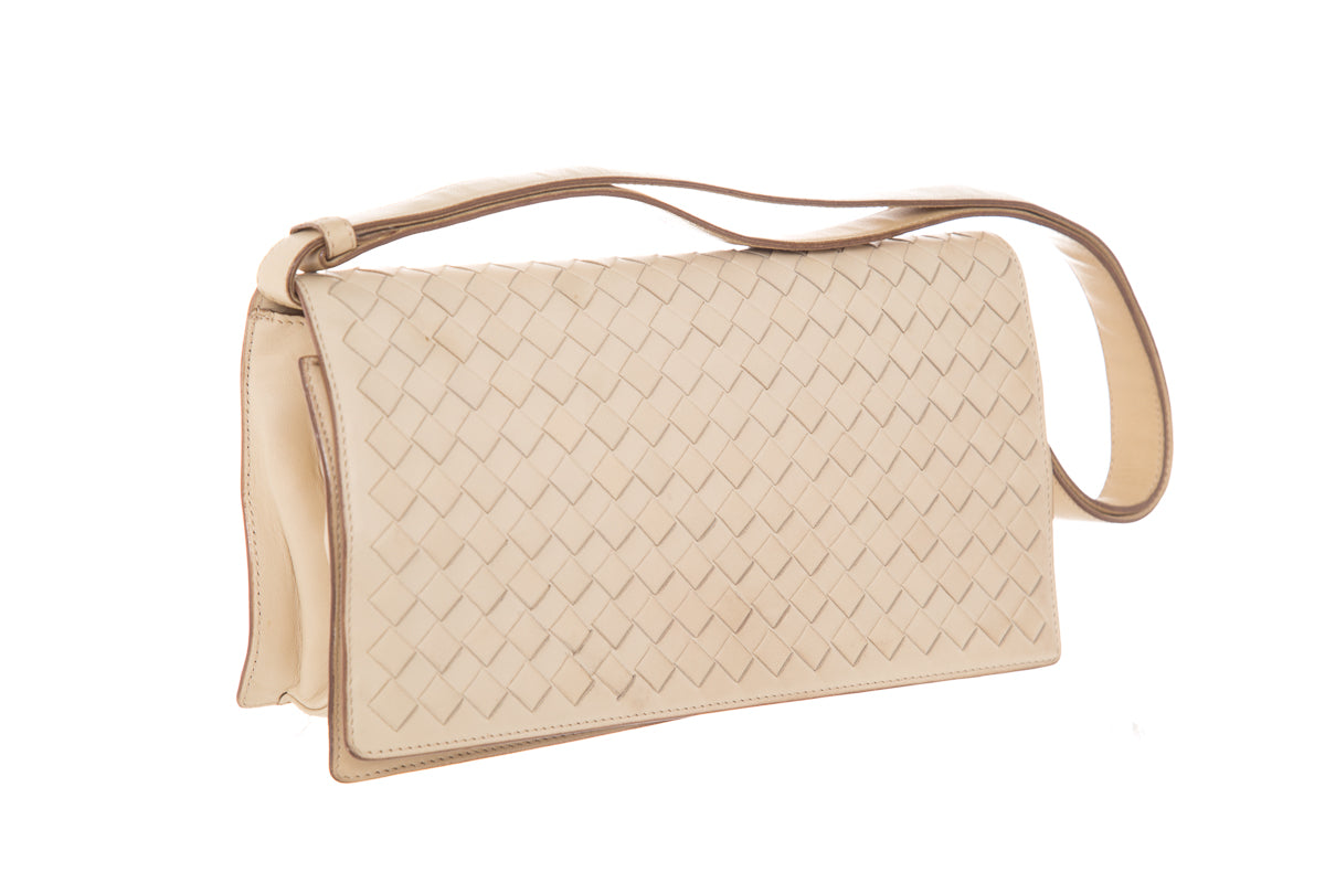 Bottega Veneta Beige Intrecciato Flap Leather Shoulder