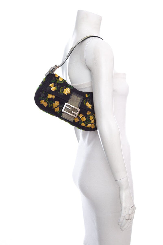 Fendi Black & Multi Beaded Floral Applique Baguette