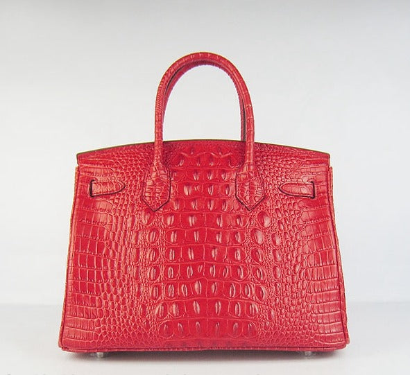 Hermes Birkin 30cm Crocodile Head Vein Handbags Red Silver