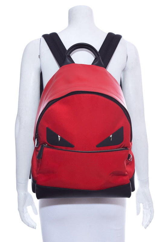 Fendi Red Calf Skin Leather & Nylon Bugs Backpack