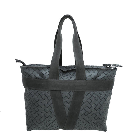 Bottega Veneta Black Intrecciato Zipped Tote Rubber with Canvas East West Large Bag