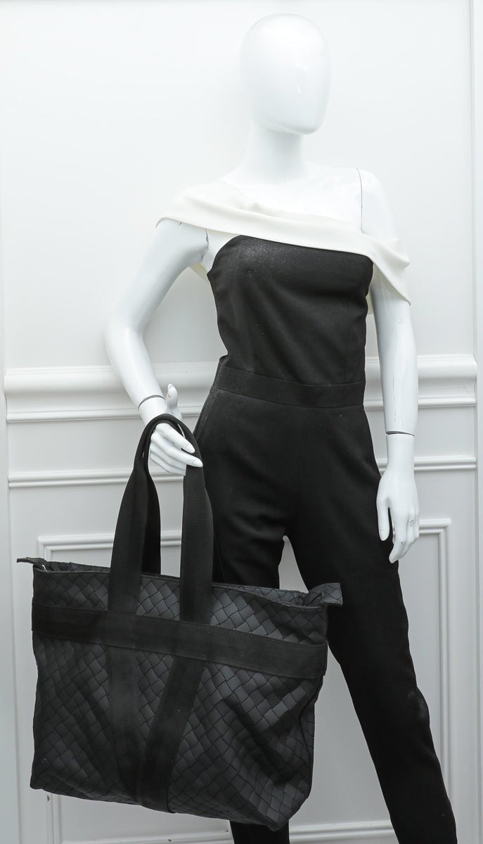 Bottega Veneta Black Intrecciato Zipped Tote Rubber with Canvas East West Large Bag