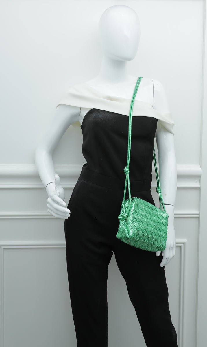 Bottega Veneta Green Intrecciato Craque Metallic Nappa Loop Mini Crossbody Bag