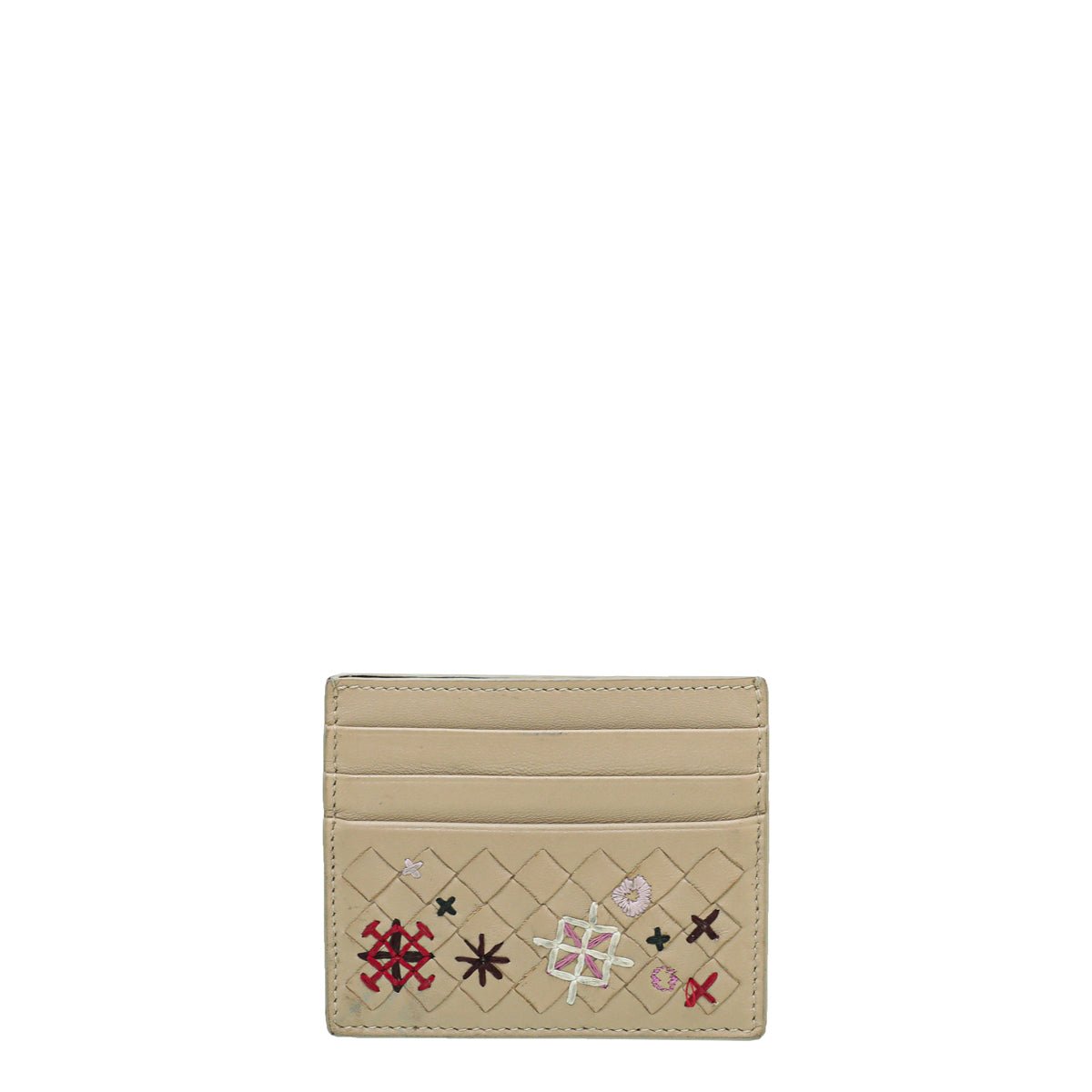 Bottega Veneta Nude Multicolor Embroidered Intrecciato Card Holder