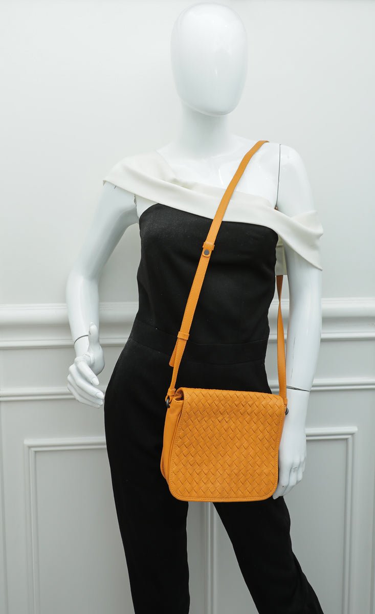 Bottega Veneta Yellow Orange Intrecciato Full Flap Crossbody Bag