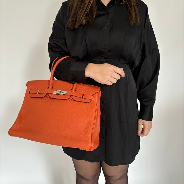 Hermes Orange Togo Leather and Palladium HW Birkin 35 2013 (Q in a square)