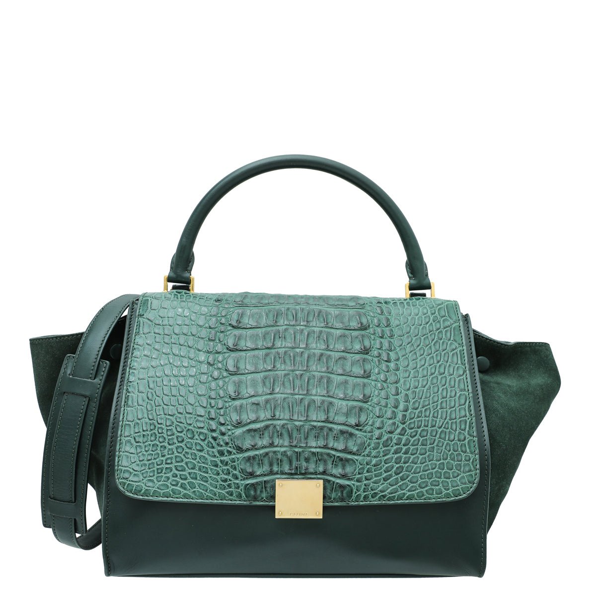 Celine Forest Green Crocodile Trapeze Suide Medium Bag