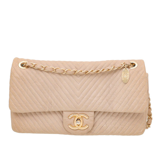 Chanel Beige CC Medallion Charm Chevron Flap Bag