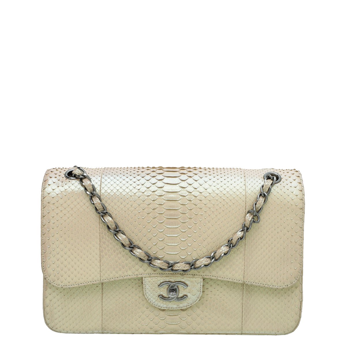 Chanel Beige Metallic Python CC Classic Double Flap Jumbo Bag