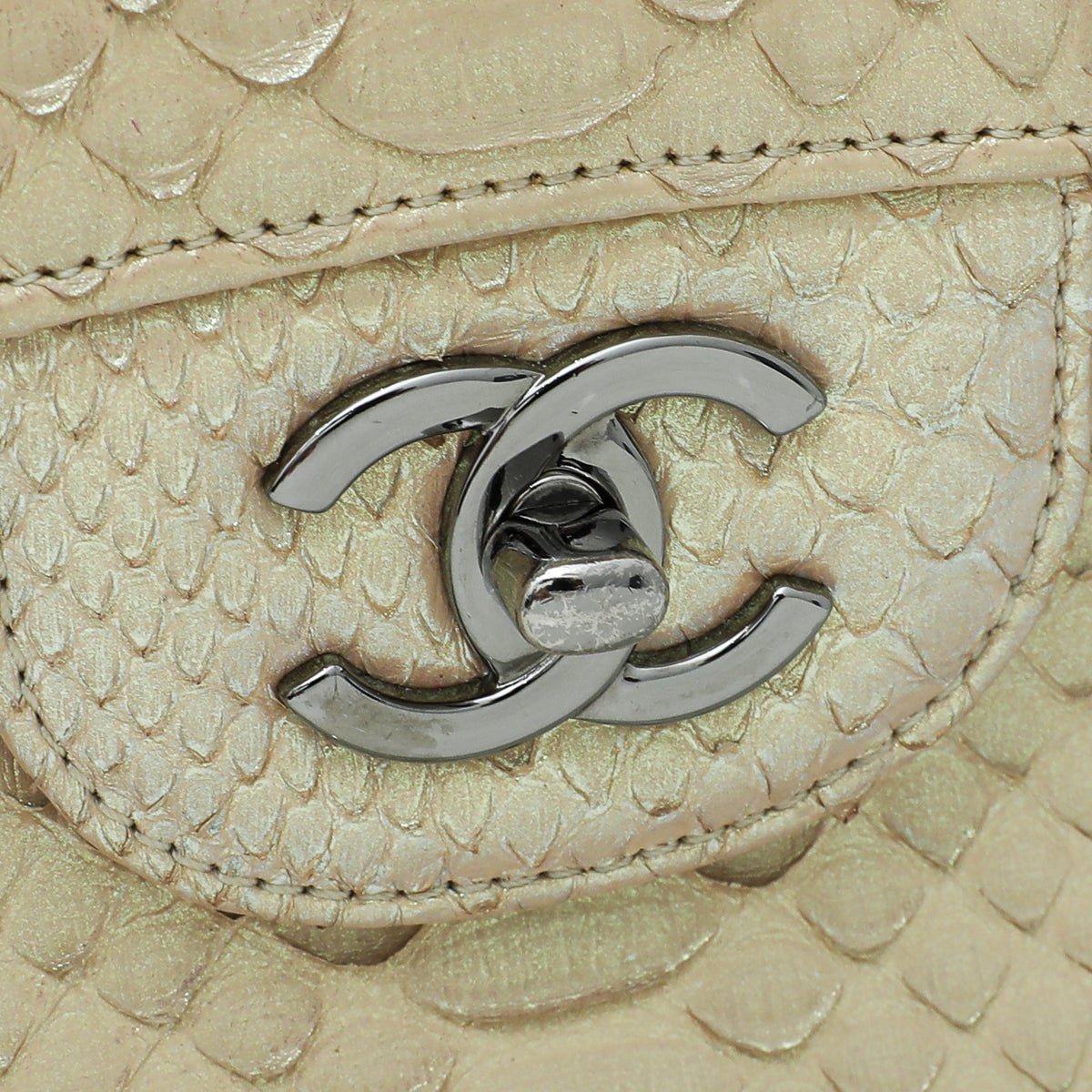 Chanel Beige Metallic Python CC Classic Double Flap Jumbo Bag