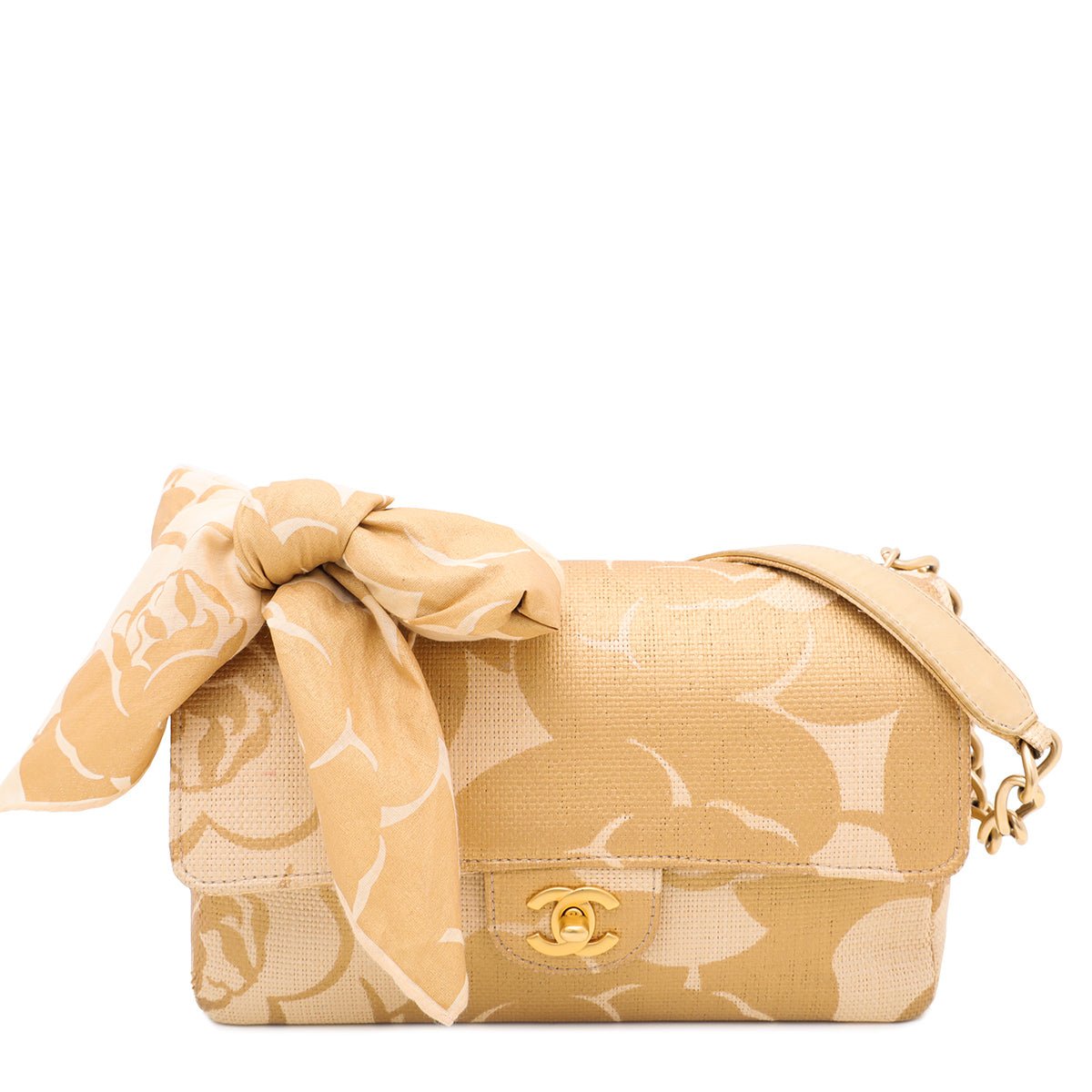 Chanel Bicolor CC Raffia Camellia Print Flap Bag W- Twilly