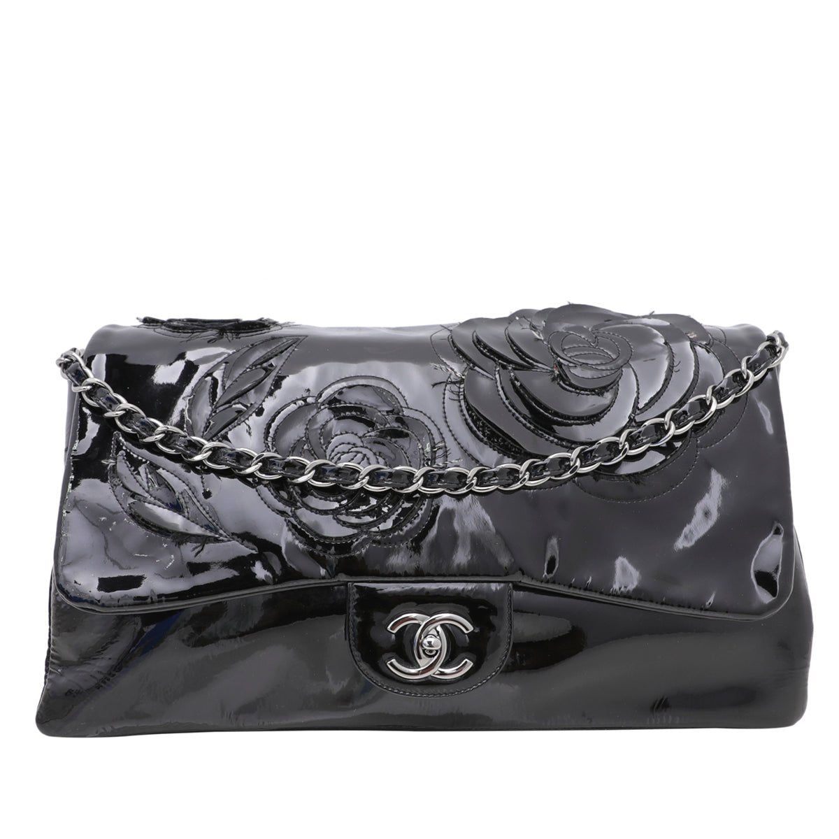 Chanel Black CC Accordion Camellia Flap Bag