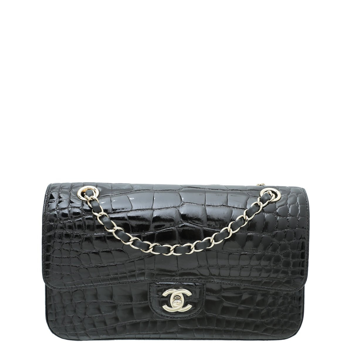 Chanel Black CC Alligator Classic Double Flap Medium Bag