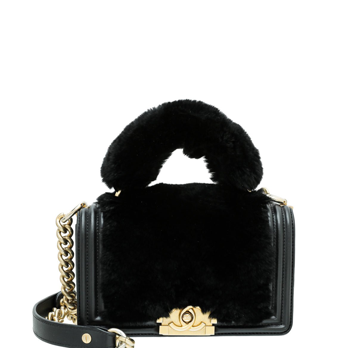 Chanel Black CC Boy Flap Orylag Rabbit Fur Small Bag