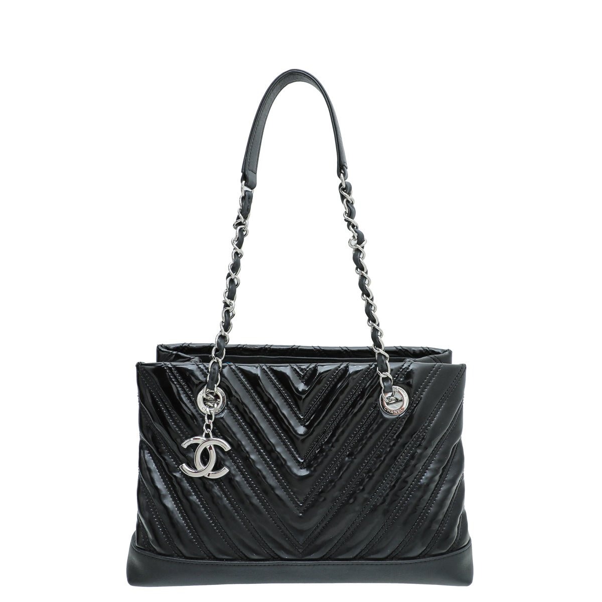 Chanel Black CC Charm Chevron Tote Small Bag