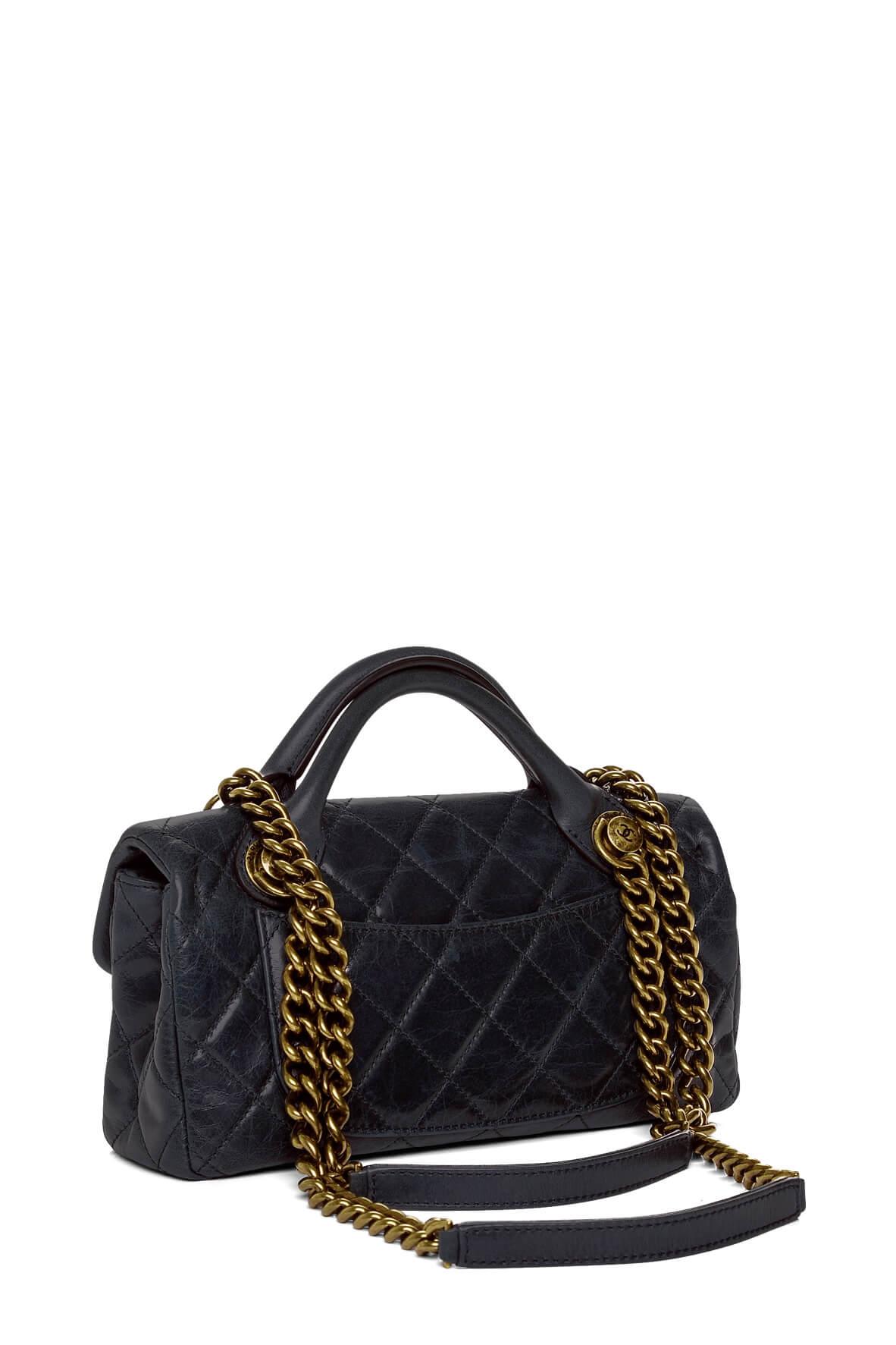 Quilted Glazed Calfskin Castle Rock Flap Bag Black