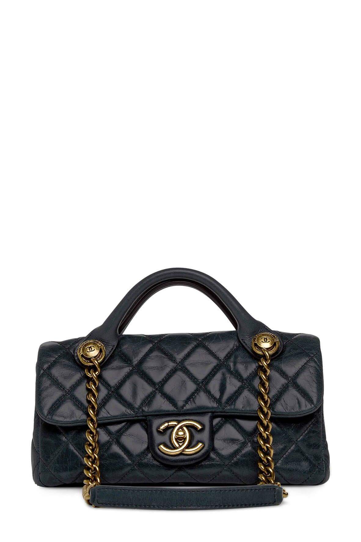 Quilted Glazed Calfskin Castle Rock Flap Bag Black