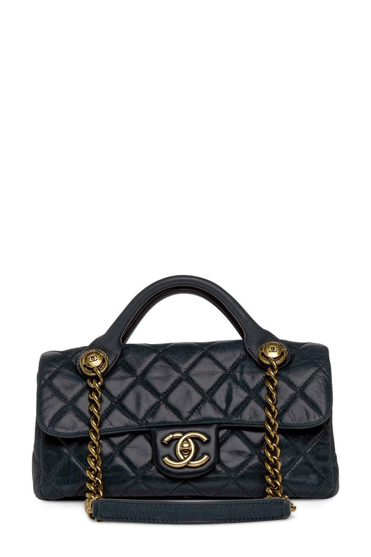 Quilted Glazed Calfskin Castle Rock Flap Bag Black