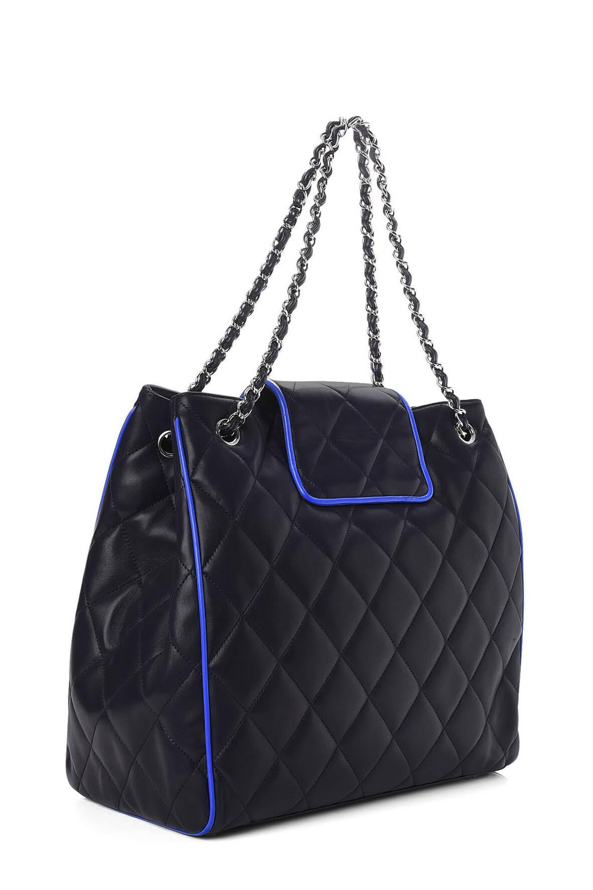 Quilted Lambskin Shopper Dark Navy with Blue Contrast Piping