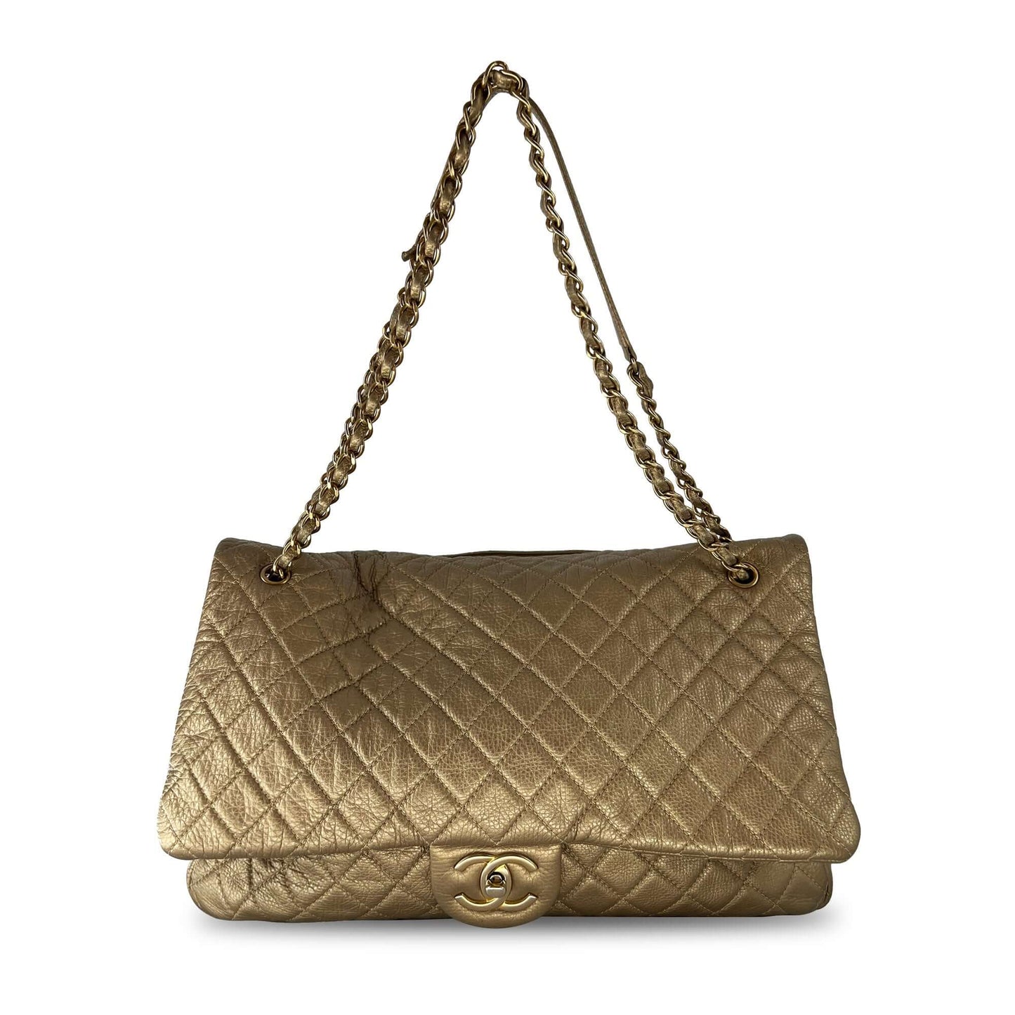 Pre owned Chanel gold quilted leather double flap designer travel bag