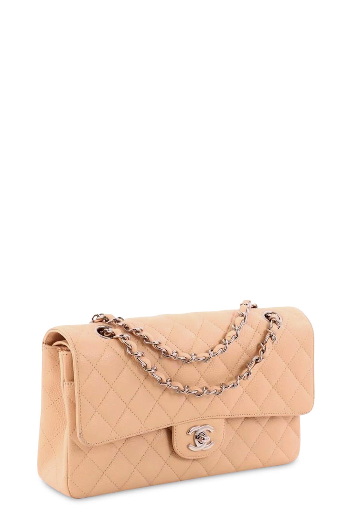 Quilted Caviar Medium Classic Flap Bag Beige with Silver Hardware