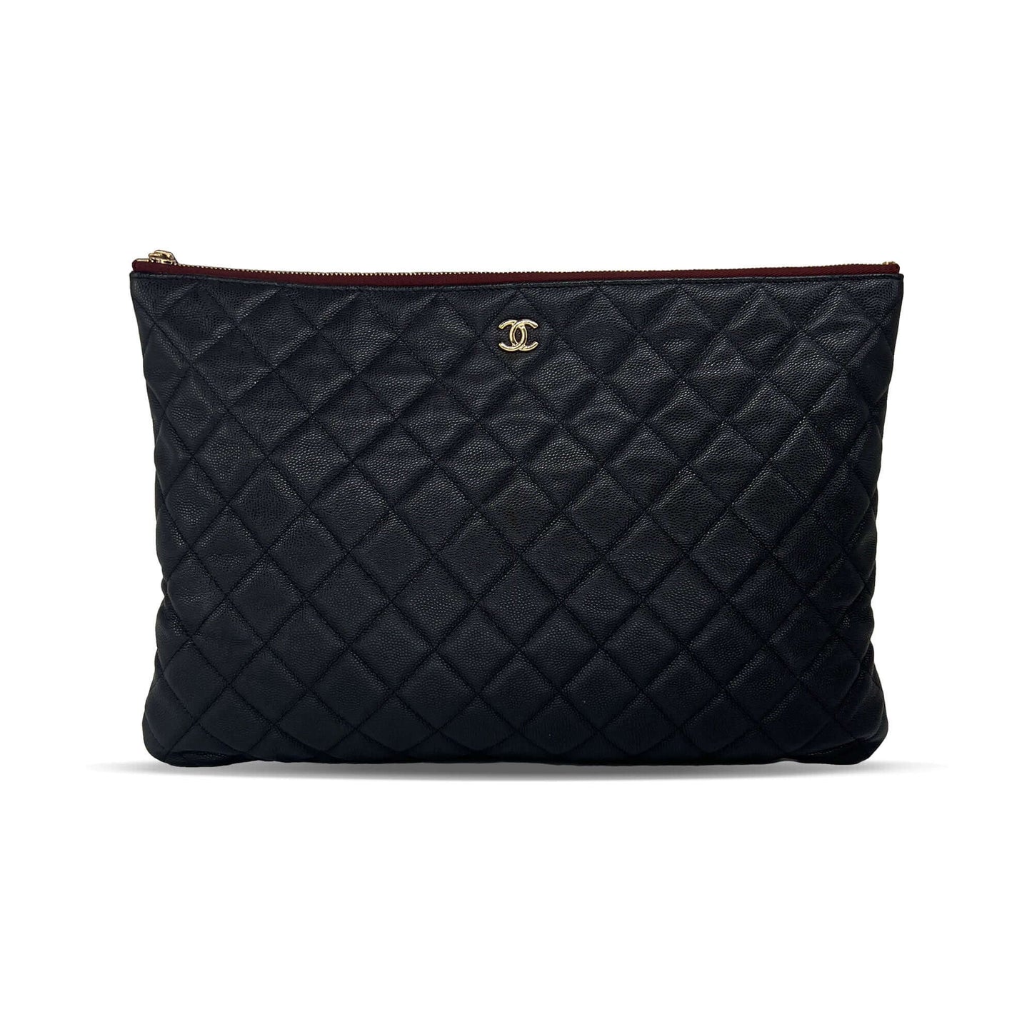 Pre owned Chanel black quilted caviar leather large o-case zip designer pouch