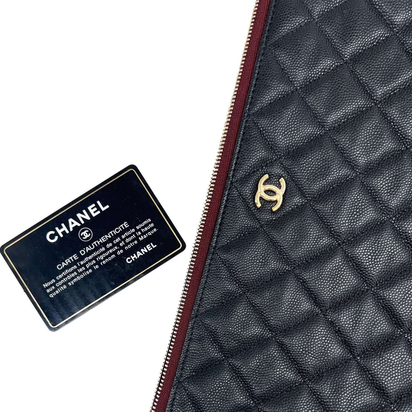 Pre owned Chanel black quilted caviar leather large o-case zip designer pouch