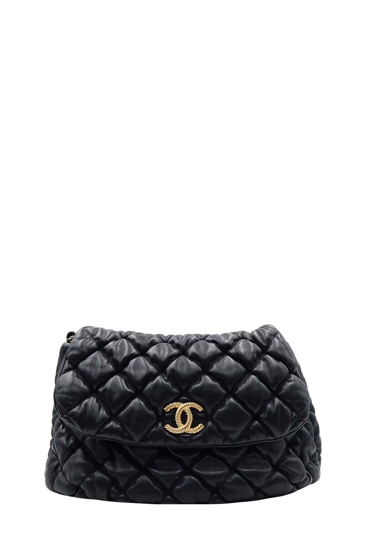 Quilted Bubble Hobo Flap Bag Black