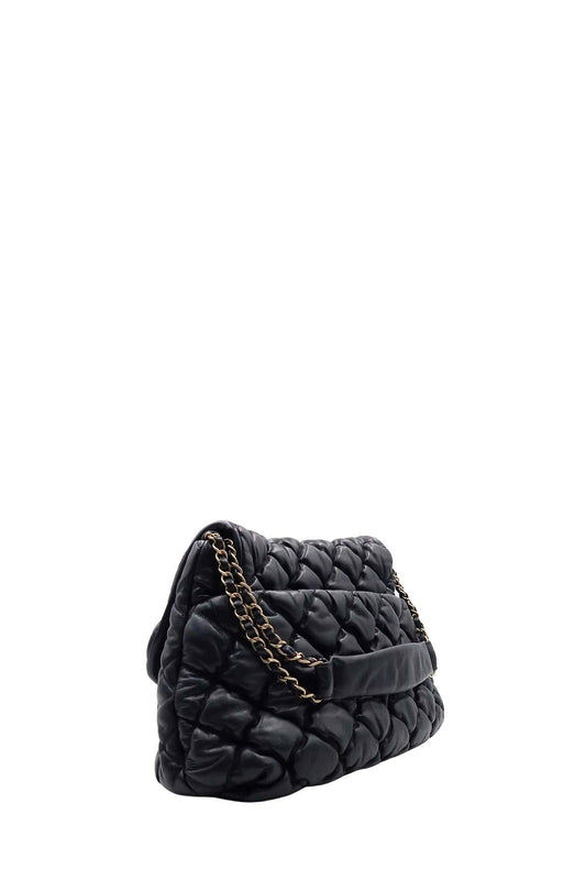 Quilted Bubble Hobo Flap Bag Black