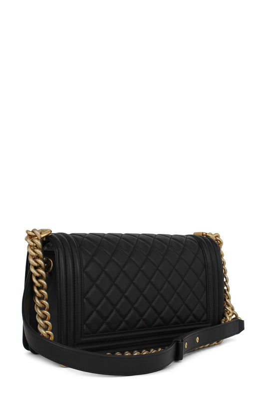 Quilted Calfskin Old Medium Boy Black with Gold Hardware