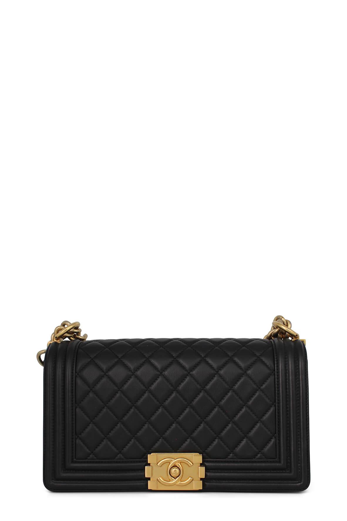 Quilted Calfskin Old Medium Boy Black with Gold Hardware