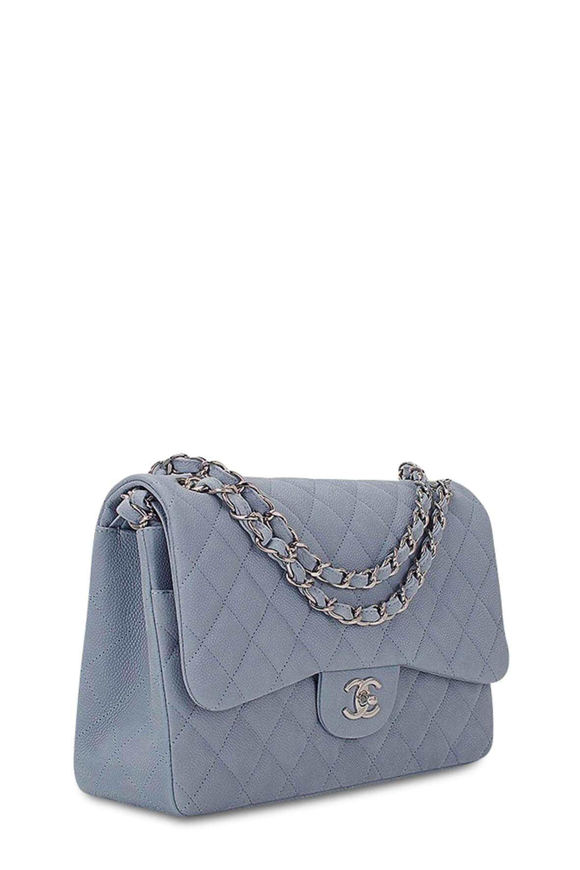 Quilted Caviar Jumbo Classic Flap Bag Ash Blue with Silver Hardware