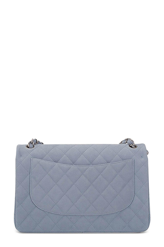 Quilted Caviar Jumbo Classic Flap Bag Ash Blue with Silver Hardware