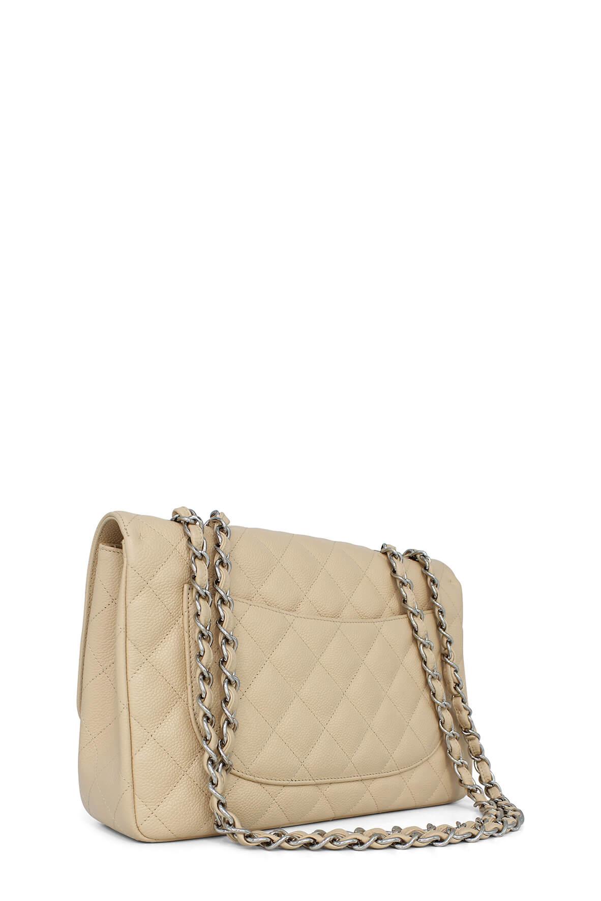 Quilted Caviar Jumbo Classic Single Flap Bag Beige with Silver Hardware