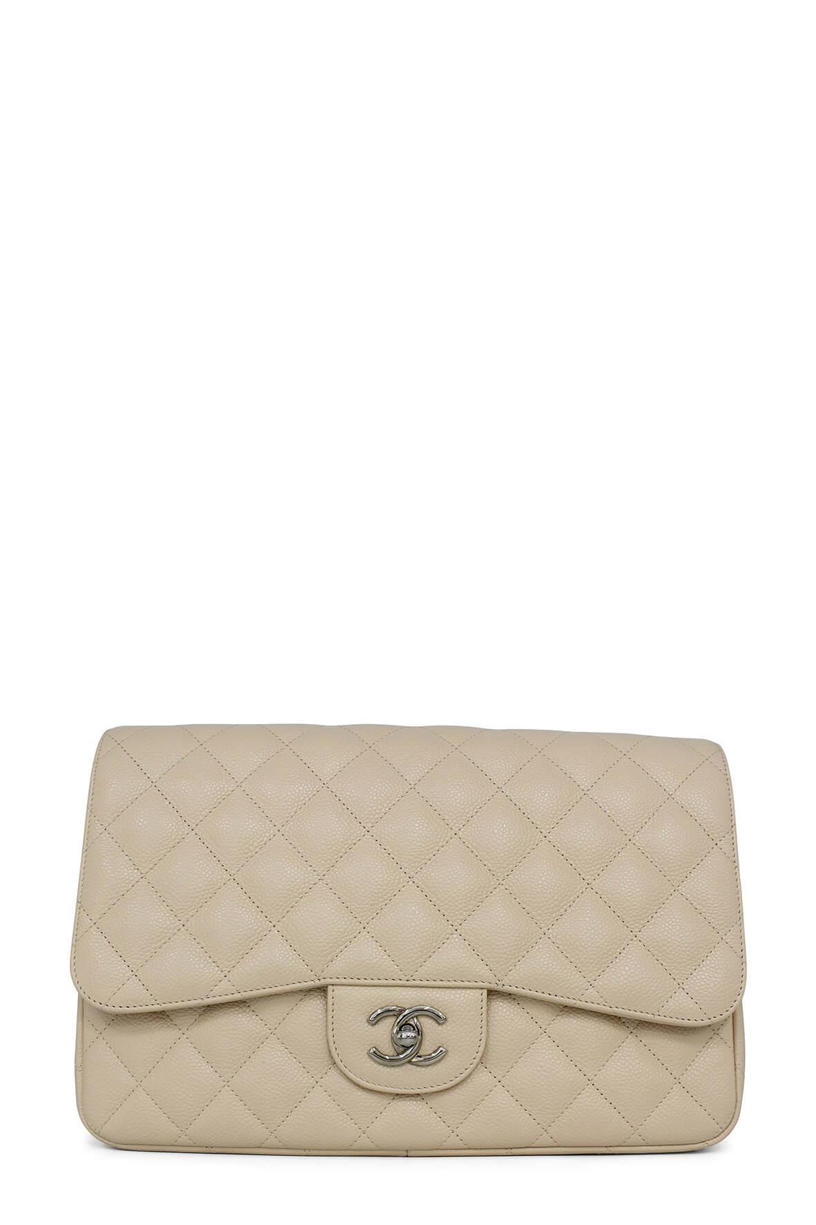 Quilted Caviar Jumbo Classic Single Flap Bag Beige with Silver Hardware