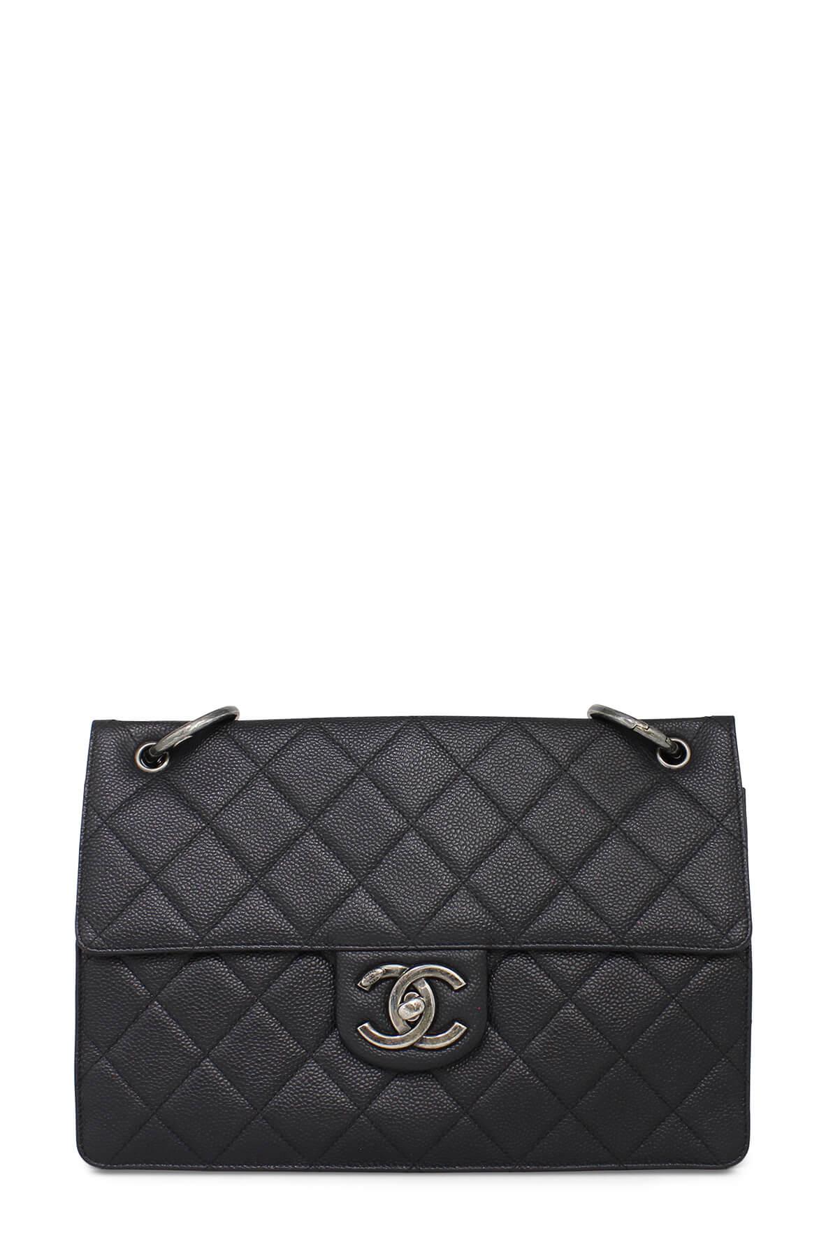 Quilted Caviar Jumbo Shoulder Bag with Flap Pocket Black