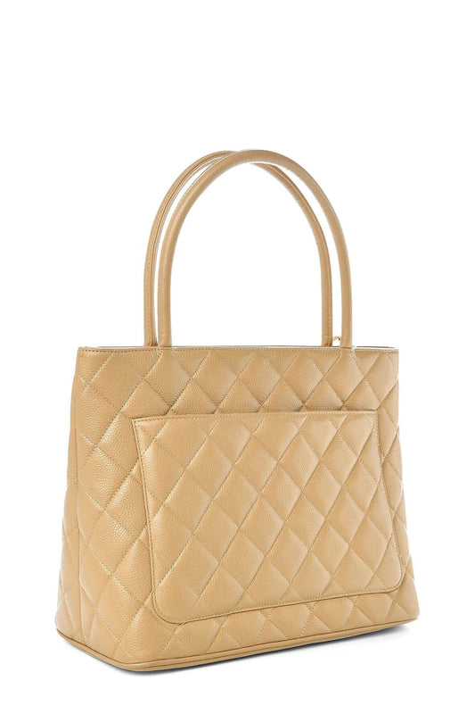 Quilted Caviar Medallion Tote Beige