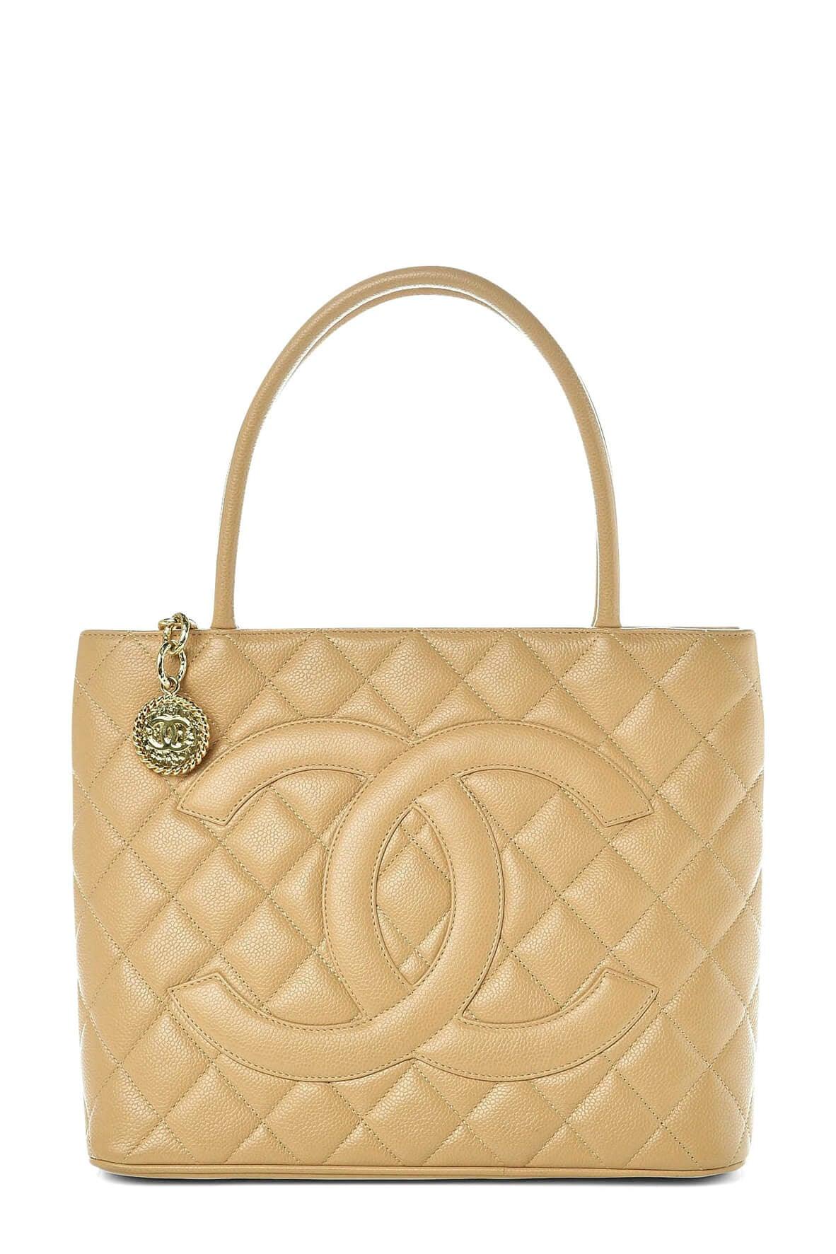 Quilted Caviar Medallion Tote Beige